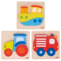 3 Puzzles En Bois Bébé Goki Découvertes Des Transports 4 Pièces- Jouets En Bois