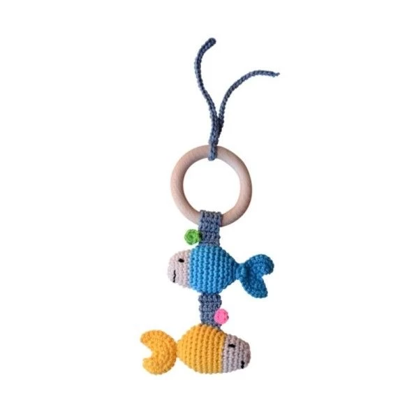 Hochet Au Crochet Coton Bio & Anneau De Dentition Pour Poussette Poisson Bleu-Jaune APunt Barcelona®- Hochets Bébé Bio – Image 2